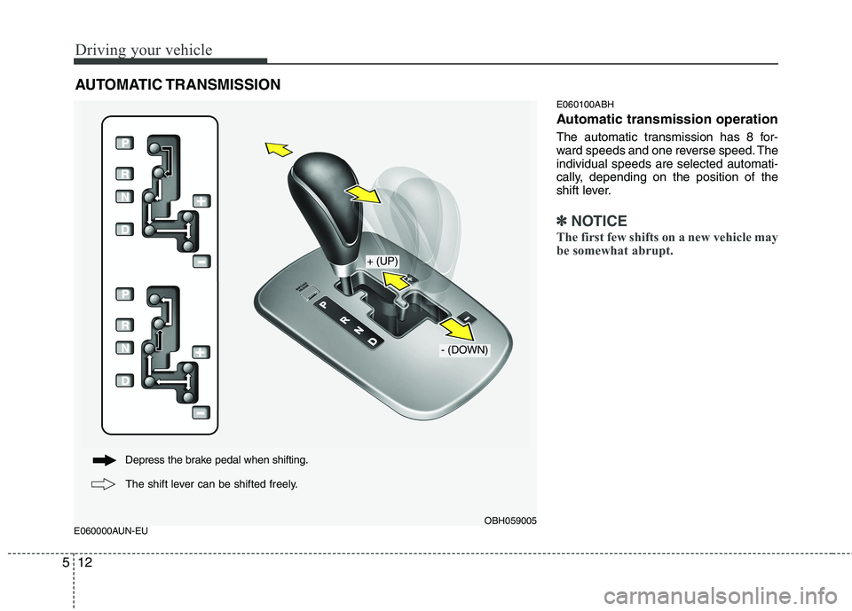 HYUNDAI GENESIS G80 2013  Owners Manual Driving your vehicle
12 5
E060000AUN-EUE060100ABH
Automatic transmission operation
The automatic transmission has 8 for-
ward speeds and one reverse speed. The
individual speeds are selected automati-