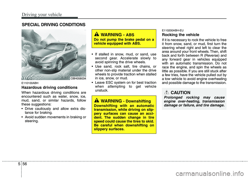 HYUNDAI GENESIS G80 2013  Owners Manual Driving your vehicle
56 5
E110100ABH
Hazardous driving conditions  
When hazardous driving conditions are
encountered such as water, snow, ice,
mud, sand, or similar hazards, follow
these suggestions: