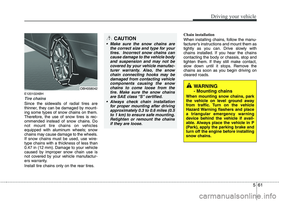 HYUNDAI GENESIS G80 2013  Owners Manual 561
Driving your vehicle
E120102ABH
Tire chains 
Since the sidewalls of radial tires are
thinner, they can be damaged by mount-
ing some types of snow chains on them.
Therefore, the use of snow tires 