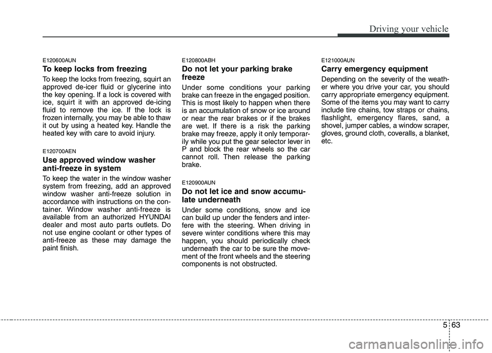 HYUNDAI GENESIS G80 2013  Owners Manual 563
Driving your vehicle
E120600AUN
To keep locks from freezing
To keep the locks from freezing, squirt an
approved de-icer fluid or glycerine into
the key opening. If a lock is covered with
ice, squi