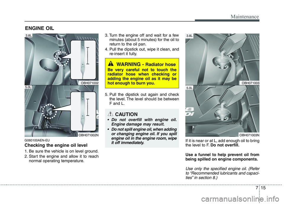 HYUNDAI GENESIS G80 2013 Owners Manual 715
Maintenance
ENGINE OIL
G060100AEN-EU
Checking the engine oil level
1. Be sure the vehicle is on level ground.
2. Start the engine and allow it to reach
normal operating temperature.3. Turn the e HYUNDAI GENESIS G80 2013 Owners Manual 715
Maintenance
ENGINE OIL
G060100AEN-EU
Checking the engine oil level
1. Be sure the vehicle is on level ground.
2. Start the engine and allow it to reach
normal operating temperature.3. Turn the e