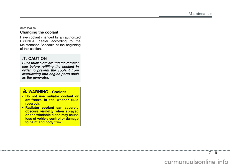 HYUNDAI GENESIS G80 2013  Owners Manual 719
Maintenance
G070200AEN
Changing the coolant
Have coolant changed by an authorized
HYUNDAI dealer according to the
Maintenance Schedule at the beginning
of this section.
CAUTION
Put a thick cloth a