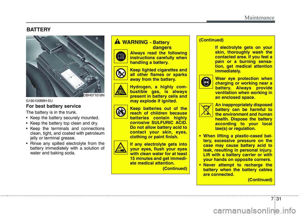 HYUNDAI GENESIS G80 2013  Owners Manual 731
Maintenance
G190100BBH-EU
For best battery service
The battery is in the trunk.
 Keep the battery securely mounted.
 Keep the battery top clean and dry.
 Keep the terminals and connections
clean, 