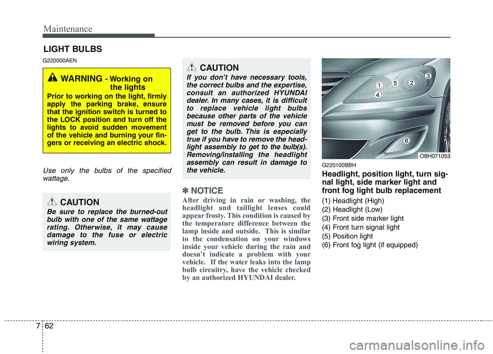 HYUNDAI GENESIS G80 2013  Owners Manual Maintenance
62 7
LIGHT BULBS
G220000AEN
Use only the bulbs of the specified
wattage.
✽ ✽
NOTICE
After driving in rain or washing, the
headlight and taillight lenses could
appear frosty. This condi
