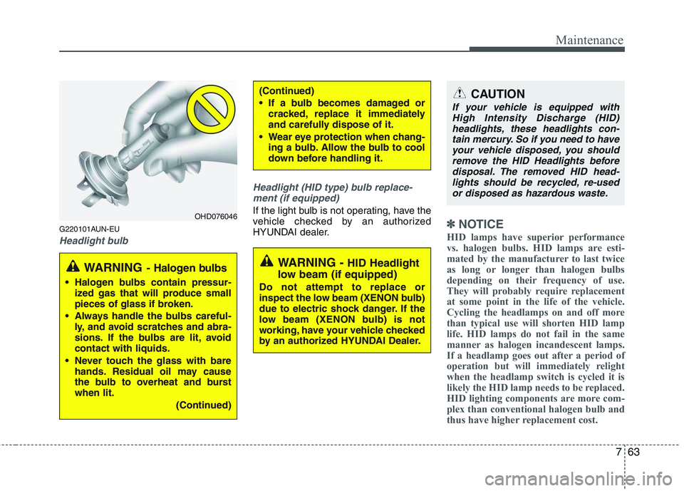 HYUNDAI GENESIS G80 2013  Owners Manual 763
Maintenance
G220101AUN-EU
Headlight bulbHeadlight (HID type) bulb replace-
ment (if equipped)
If the light bulb is not operating, have the
vehicle checked by an authorized
HYUNDAI dealer.
✽ ✽
