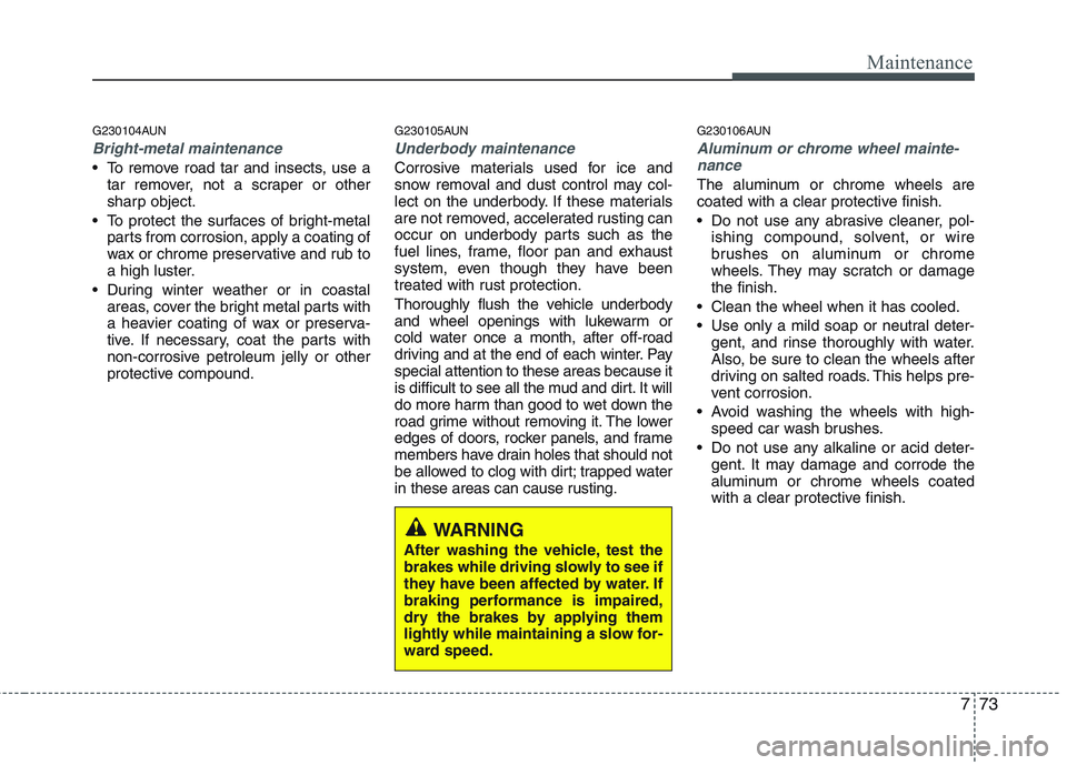 HYUNDAI GENESIS G80 2013  Owners Manual 773
Maintenance
G230104AUN
Bright-metal maintenance
 To remove road tar and insects, use a
tar remover, not a scraper or other
sharp object.
 To protect the surfaces of bright-metal
parts from corrosi