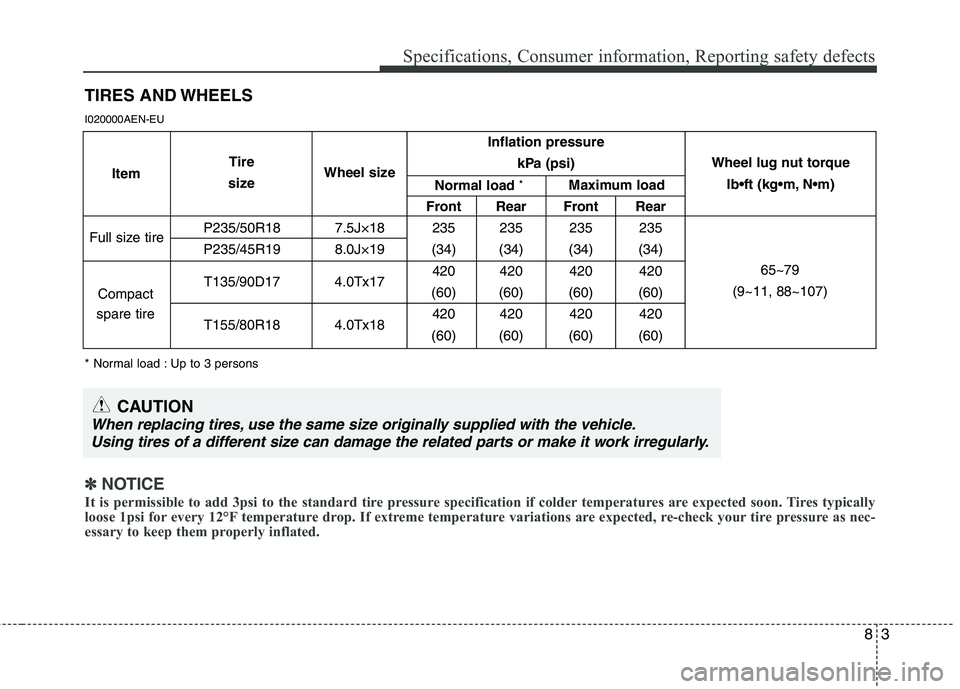 HYUNDAI GENESIS G80 2013  Owners Manual 83
Specifications, Consumer information, Reporting safety defects
TIRES AND WHEELS
I020000AEN-EU
* Normal load : Up to 3 persons
✽ ✽
NOTICE
It is permissible to add 3psi to the standard tire press