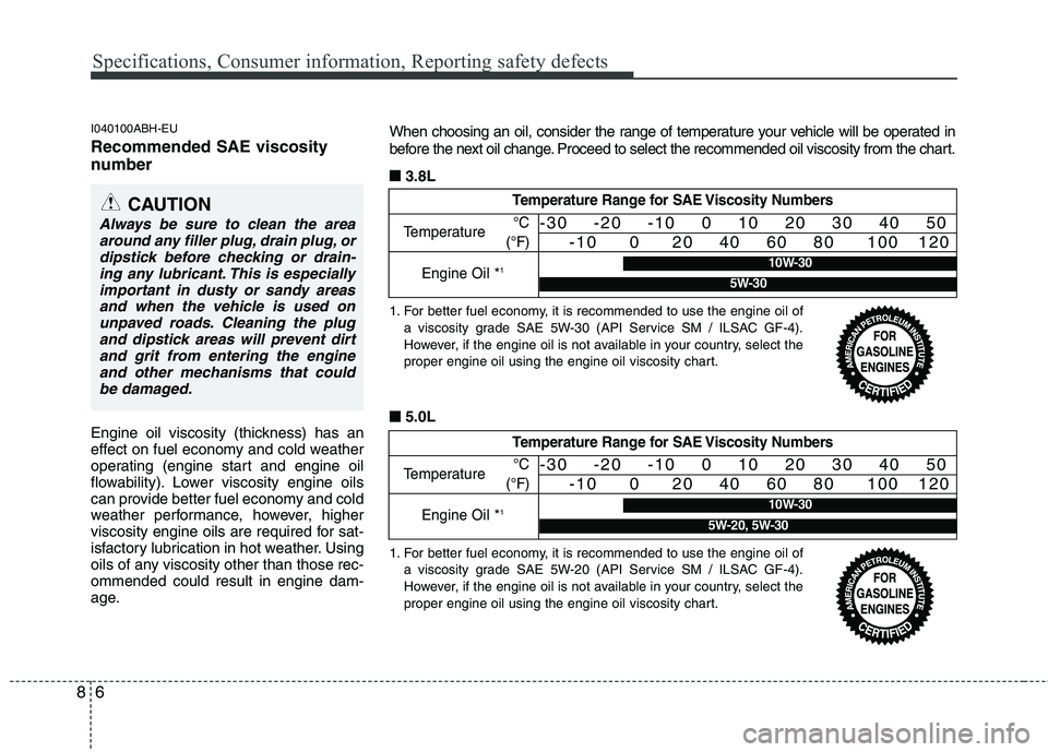 HYUNDAI GENESIS G80 2013  Owners Manual Specifications, Consumer information, Reporting safety defects
6 8
I040100ABH-EU
Recommended SAE viscosity
number   
Engine oil viscosity (thickness) has an
effect on fuel economy and cold weather
ope