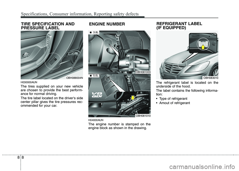HYUNDAI GENESIS G80 2013  Owners Manual Specifications, Consumer information, Reporting safety defects
8 8
H030000AUN
The tires supplied on your new vehicle
are chosen to provide the best perform-
ance for normal driving.
The tire label loc