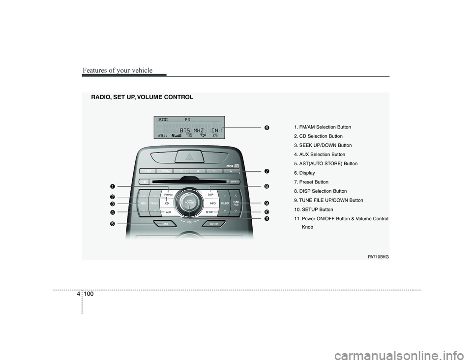 HYUNDAI GENESIS G80 2011  Owners Manual Features of your vehicle
100
4
1. FM/AM Selection Button 
2. CD Selection Button
3. SEEK UP/DOWN Button
4. AUX Selection Button
5. AST(AUTO STORE) Button
6. Display
7. Preset Button
8. DISP Selection 
