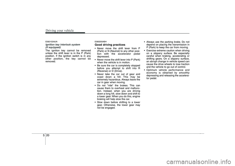 HYUNDAI GENESIS G80 2011  Owners Manual Driving your vehicle
20
5
E060103AUN
Ignition key interlock system 
(if equipped)
The ignition key cannot be removed 
unless the shift lever is in the P (Park)
position. If the ignition switch is in a