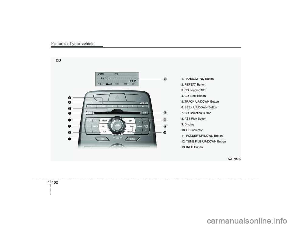 HYUNDAI GENESIS G80 2010  Owners Manual Features of your vehicle
102
4
1. RANDOM Play Button 
2. REPEAT Button
3. CD Loading Slot
4. CD Eject Button
5. TRACK UP/DOWN Button
6. SEEK UP/DOWN Button
7. CD Selection Button
8. AST Play Button
9.