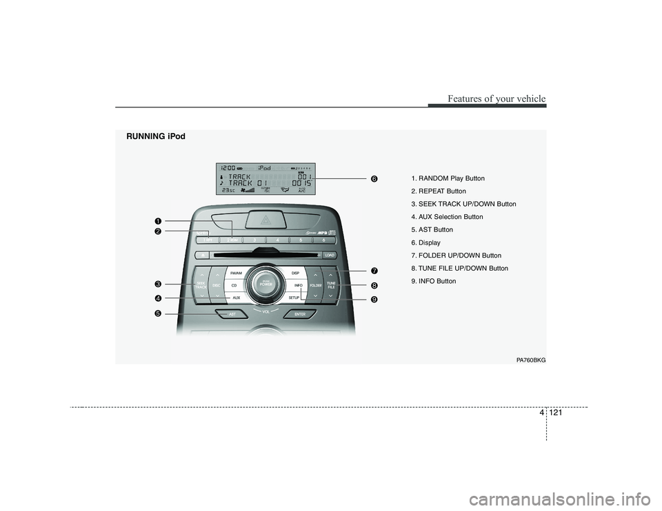 HYUNDAI GENESIS G80 2009  Owners Manual 4121
Features of your vehicle
1. RANDOM Play Button  
2. REPEAT Button
3. SEEK TRACK UP/DOWN Button
4. AUX Selection Button
5. AST Button
6. Display
7. FOLDER UP/DOWN Button
8. TUNE FILE UP/DOWN Butto