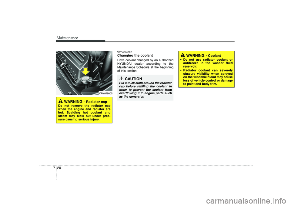 HYUNDAI GENESIS G80 2009  Owners Manual Maintenance
20
7
G070200AEN Changing the coolant 
Have coolant changed by an authorized 
HYUNDAI dealer according to theMaintenance Schedule at the beginningof this section.
WARNING -  Radiator cap
Do