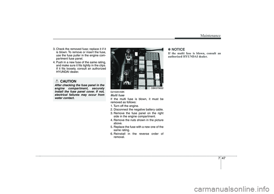 HYUNDAI GENESIS G80 2009  Owners Manual 747
Maintenance
3. Check the removed fuse; replace it if itis blown. To remove or insert the fuse, use the fuse puller in the engine com-
partment fuse panel.
4. Push in a new fuse of the same rating,