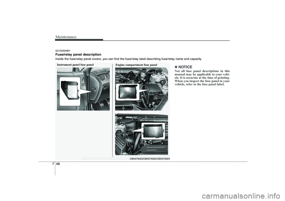 HYUNDAI GENESIS G80 2009  Owners Manual Maintenance
48
7
✽✽
NOTICE
Not all fuse panel descriptions in this 
manual may be applicable to your vehi-cle. It is accurate at the time of printing.When you inspect the fuse panel in your
vehicl