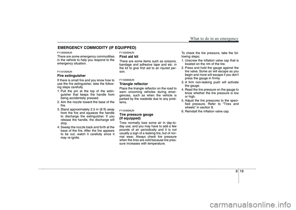 HYUNDAI GENESIS G80 2008 Owners Manual 619
What to do in an emergency
EMERGENCY COMMODITY (IF EQUIPPED)
F110000AUN There are some emergency commodities
in the vehicle to help you respond to theemergency situation.
F110100AUN
Fire extin HYUNDAI GENESIS G80 2008 Owners Manual 619
What to do in an emergency
EMERGENCY COMMODITY (IF EQUIPPED)
F110000AUN There are some emergency commodities
in the vehicle to help you respond to theemergency situation.
F110100AUN
Fire extin