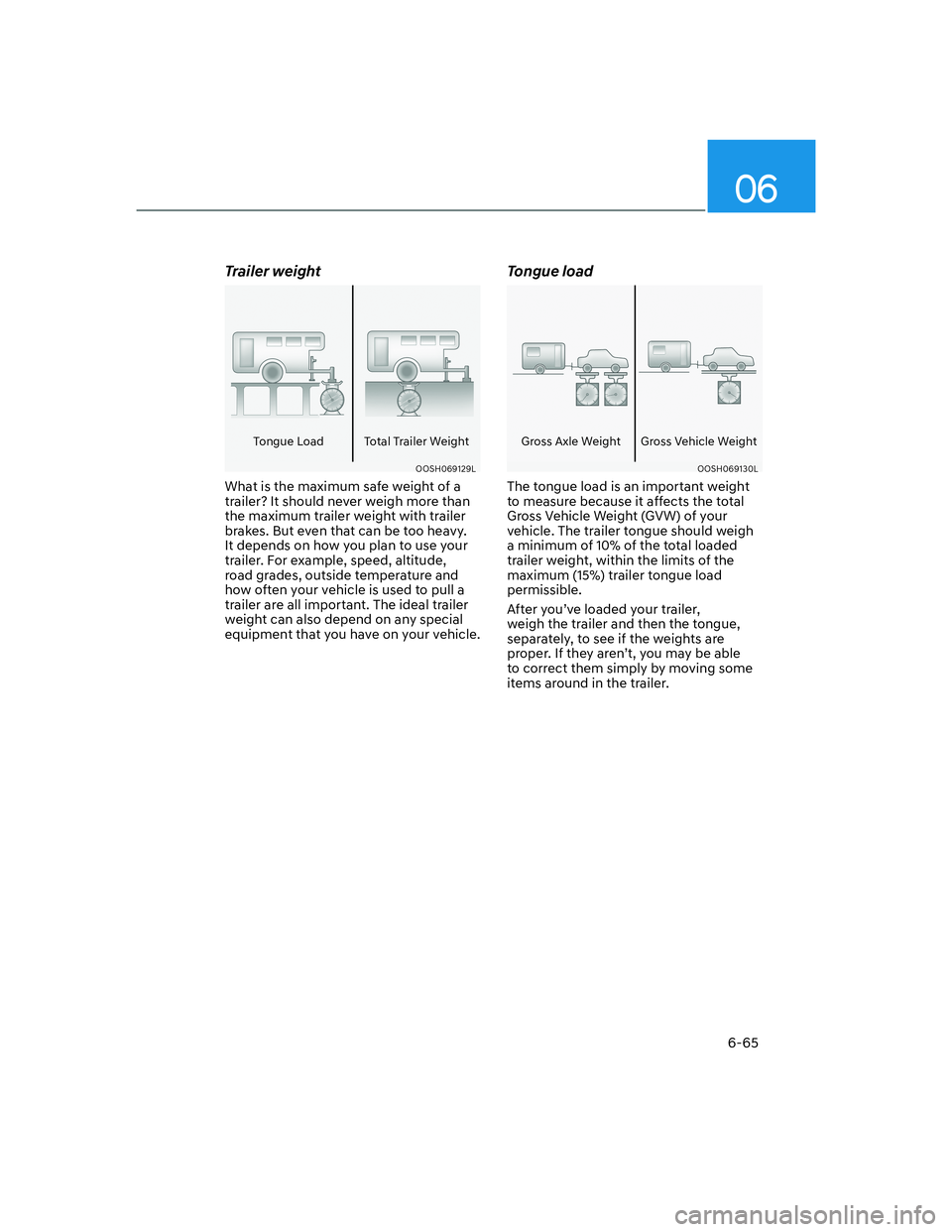 HYUNDAI GENESIS GV70 2022  Owners Manual 06
6-65
Trailer weight
Tongue Load Total Trailer Weight
OOSH069129LOOSH069129L
What is the maximum safe weight of a 
trailer? It should never weigh more than 
the maximum trailer weight with trailer 

