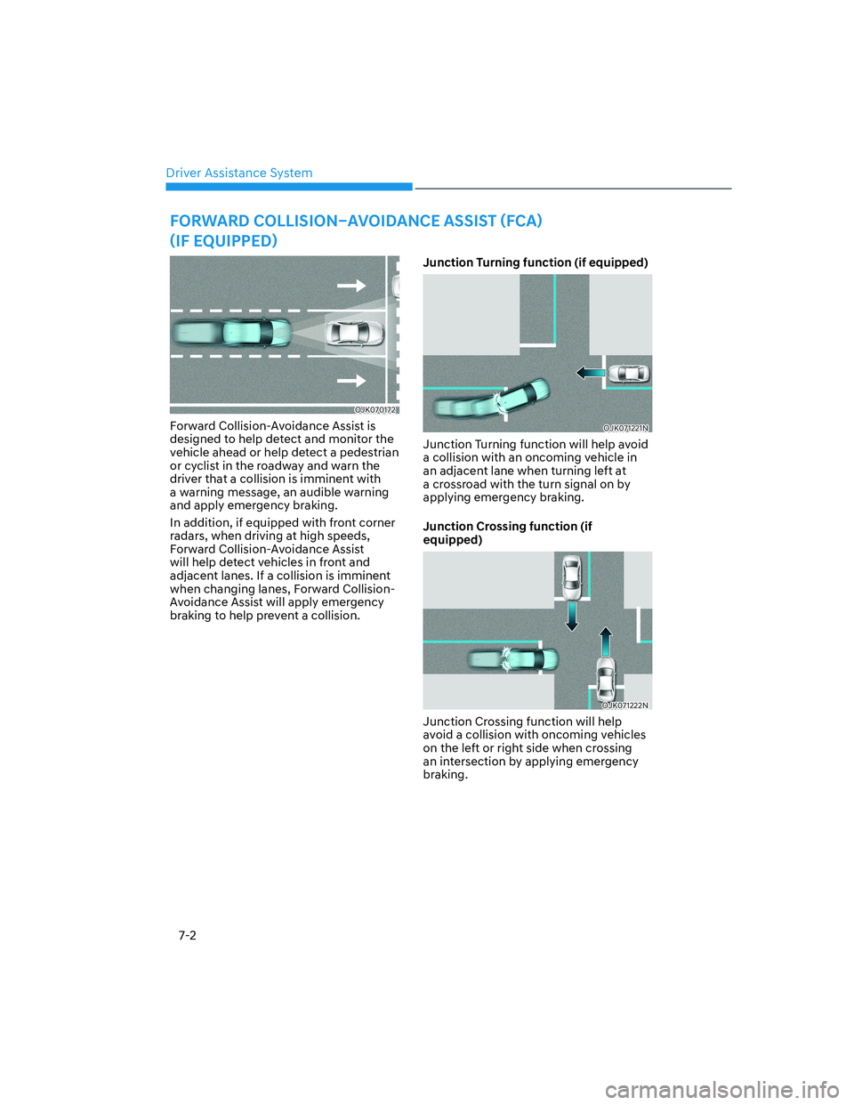 HYUNDAI GENESIS GV70 2022  Owners Manual Driver Assistance System
7-2
OJK070172OJK070172
Forward Collision-Avoidance Assist is 
designed to help detect and monitor the 
vehicle ahead or help detect a pedestrian 
or cyclist in the roadway and