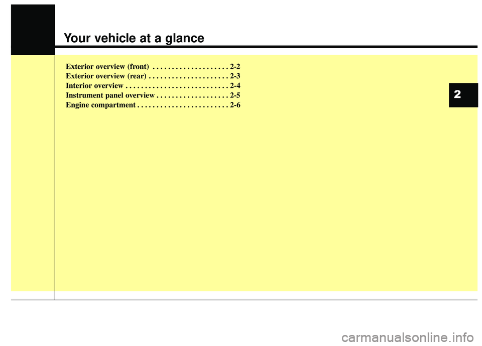 HYUNDAI GENESIS COUPE ULTIMATE 2016  Owners Manual Exterior overview I . . . . . . . . . . . . . . . . . . . . . . . . . 2-2
Exterior overview II. . . . . . . . . . . . . . . . . . . . . . . . . 2-3
Interior overview . . . . . . . . . . . . . . . . . 