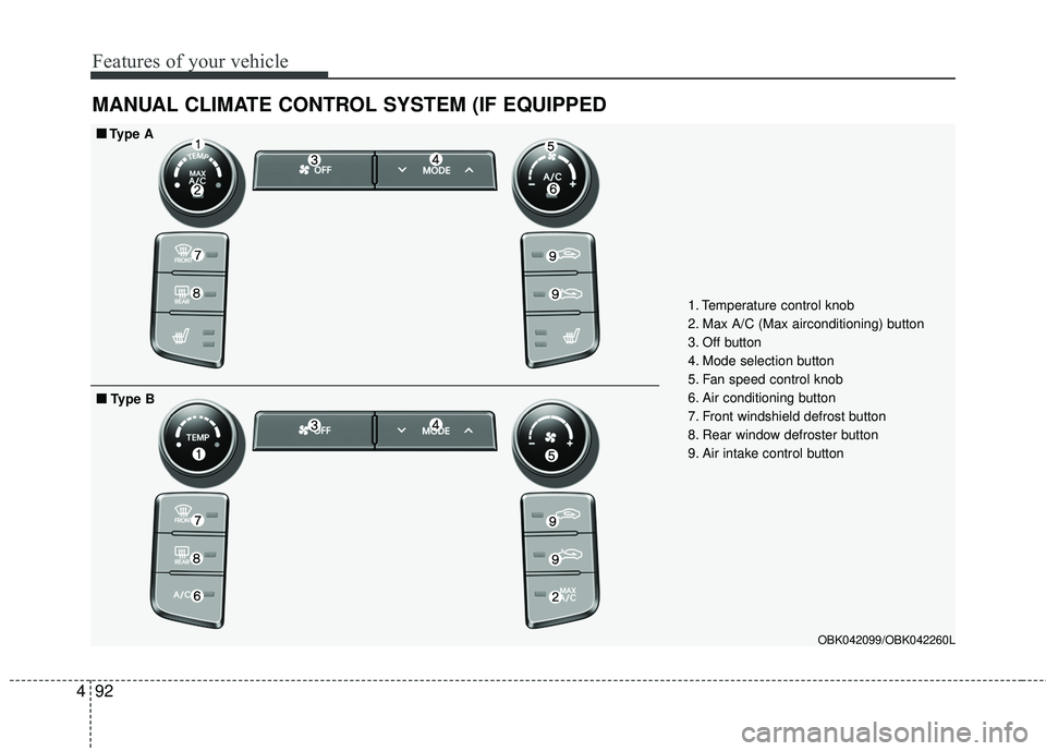 HYUNDAI GENESIS COUPE ULTIMATE 2016  Owners Manual Features of your vehicle
92
4
MANUAL CLIMATE CONTROL SYSTEM (IF EQUIPPED
1. Temperature control knob
2. Max A/C (Max airconditioning) button 
3. Off button
4. Mode selection button
5. Fan speed contro