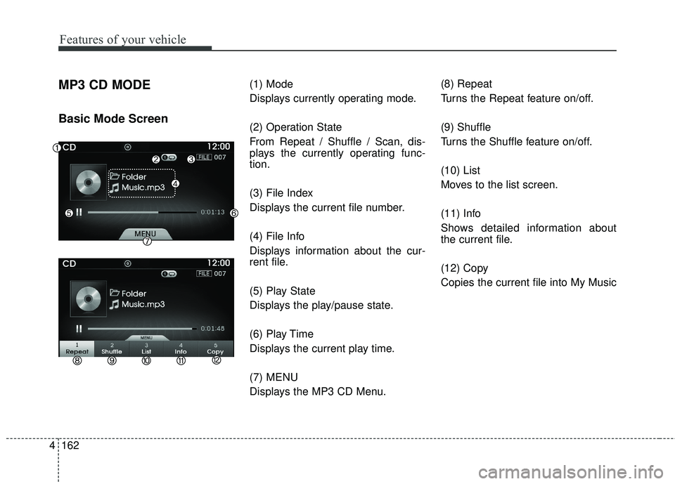 HYUNDAI GENESIS COUPE ULTIMATE 2016  Owners Manual Features of your vehicle
162
4
MP3 CD MODE
Basic Mode Screen
(1) Mode
Displays currently operating mode.
(2) Operation State
From Repeat / Shuffle / Scan, dis-
plays the currently operating func-
tion