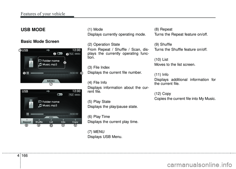 HYUNDAI GENESIS COUPE ULTIMATE 2016  Owners Manual Features of your vehicle
166
4
USB MODE 
Basic Mode Screen
(1) Mode
Displays currently operating mode.
(2) Operation State
From Repeat / Shuffle / Scan, dis-
plays the currently operating func-
tion.

