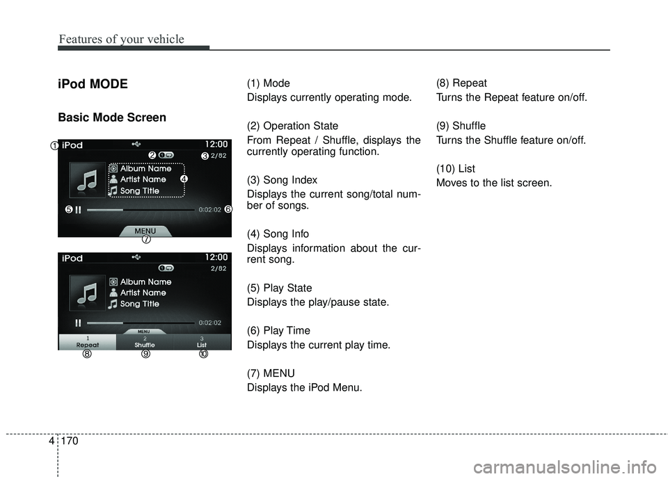 HYUNDAI GENESIS COUPE ULTIMATE 2016  Owners Manual Features of your vehicle
170
4
iPod MODE
Basic Mode Screen
(1) Mode
Displays currently operating mode.
(2) Operation State
From Repeat / Shuffle, displays the
currently operating function.
(3) Song In