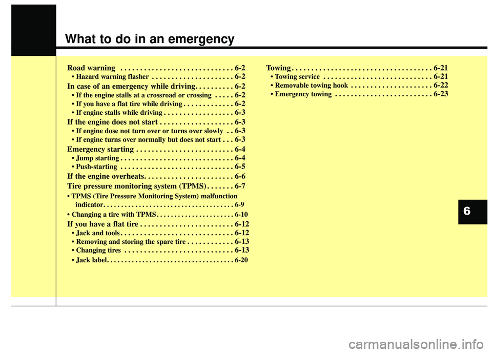 HYUNDAI GENESIS COUPE ULTIMATE 2016  Owners Manual What to do in an emergency
Road warning  . . . . . . . . . . . . . . . . . . . . . . . . . . . . . 6-2
• Hazard warning flasher. . . . . . . . . . . . . . . . . . . . . 6-2
In case of an emergency w