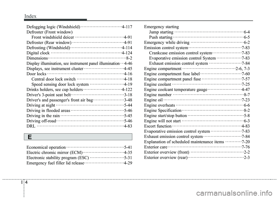 HYUNDAI GENESIS COUPE ULTIMATE 2016  Owners Manual Index
4I
Defogging logic (Windshield)··················\
··········4-117
Defroster (Front window) Front windshield deicer ··················\
······