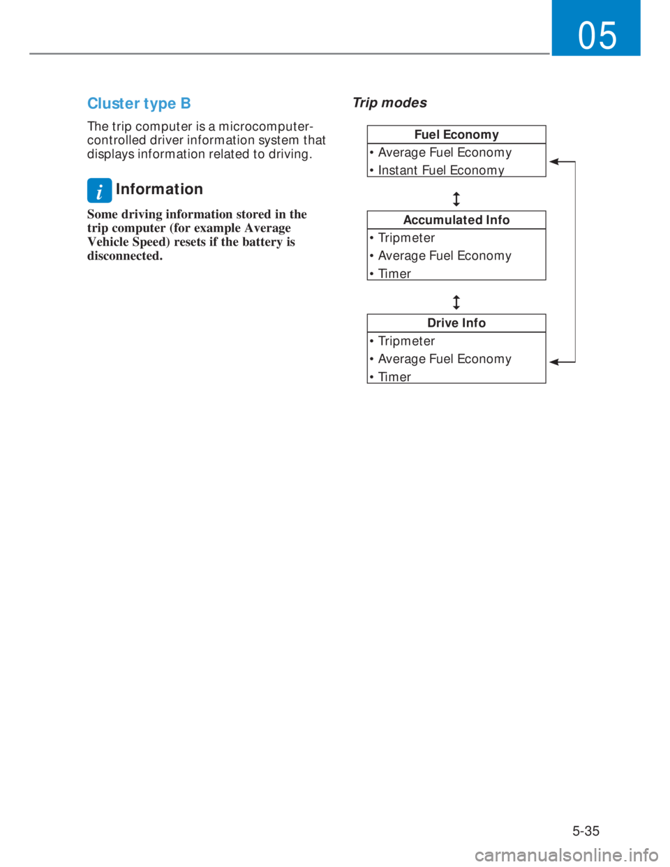 HYUNDAI I20 2022  Owners Manual 5-35
05
Cluster type B 
The trip computer is a microcomputer-
controlled driver information system that 
displays information related to driving.
i Information
Some driving information stored in the 
