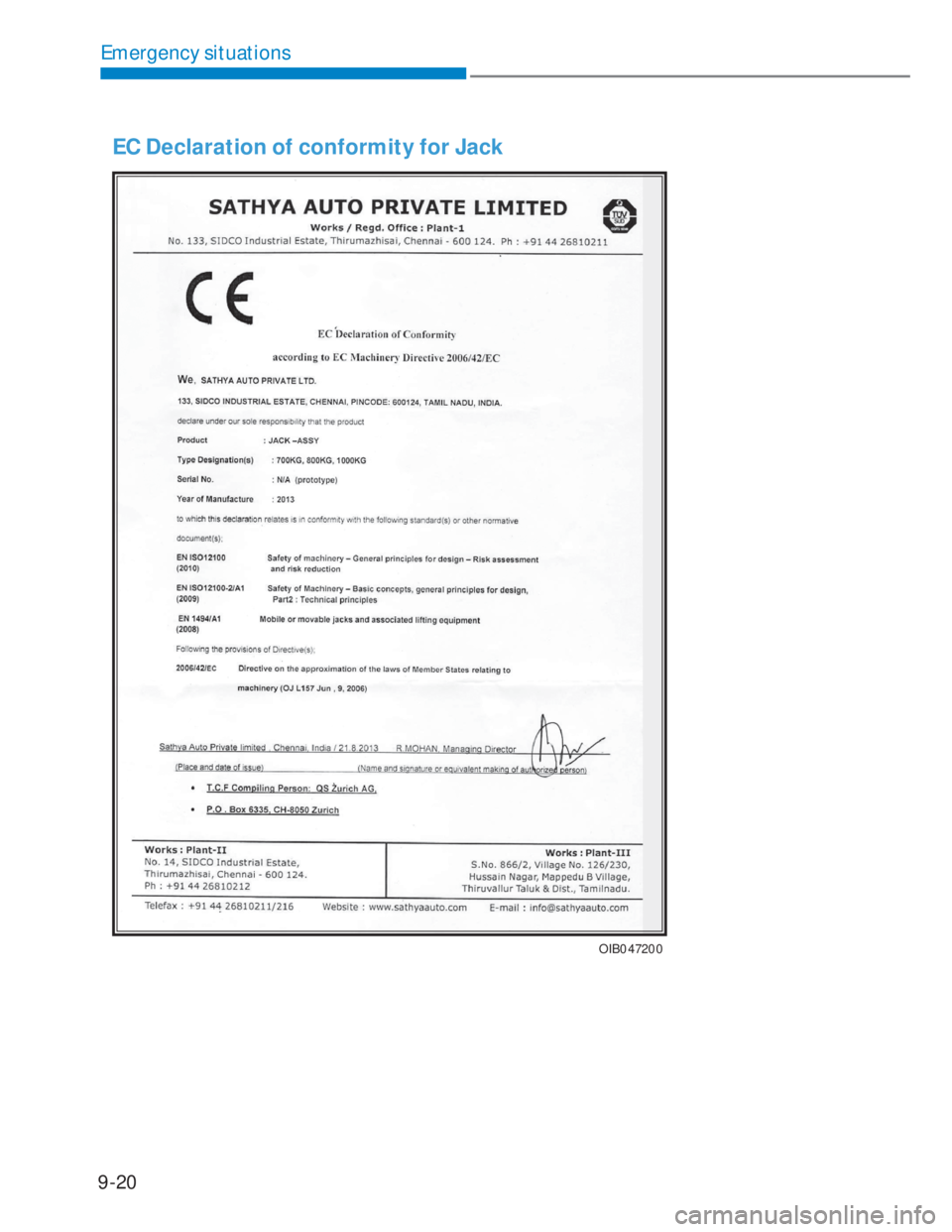 HYUNDAI I20 2022  Owners Manual 9-20
Emergency situations
EC Declaration of conformity for Jack
OIB047200OIB047200 