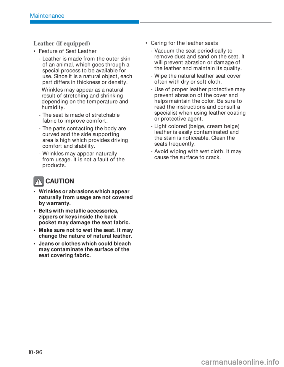 HYUNDAI I20 2022  Owners Manual 10-96
Maintenance
Leather (if equipped)
•  Feature of Seat Leather
  -  Leather is made from the outer skin 
of an animal, which goes through a 
special process to be available for 
use. Since it is