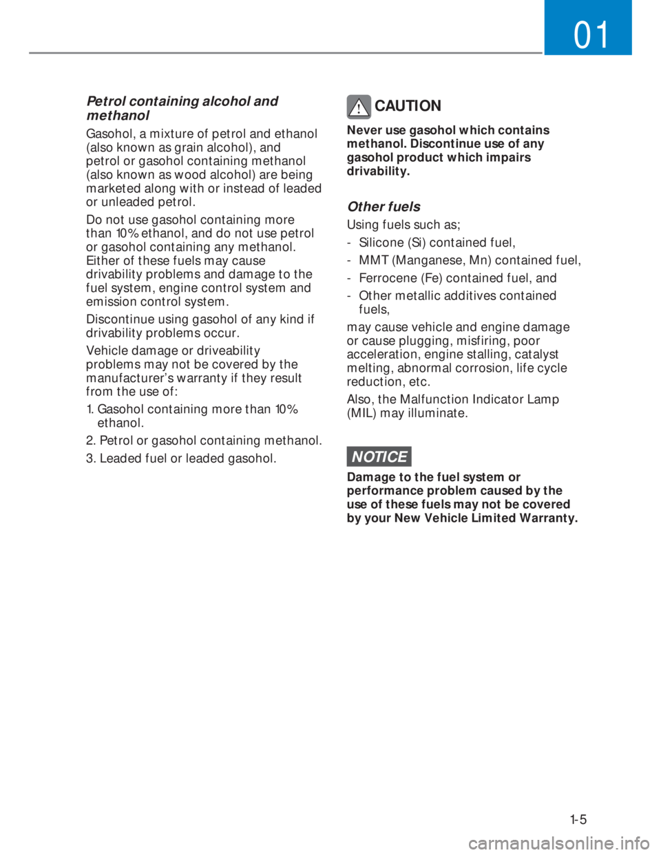 HYUNDAI I20 2022  Owners Manual 1-5
01
Petrol containing alcohol and 
methanol
Gasohol, a mixture of petrol and ethanol 
(also known as grain alcohol), and 
petrol or gasohol containing methanol 
(also known as wood alcohol) are bei