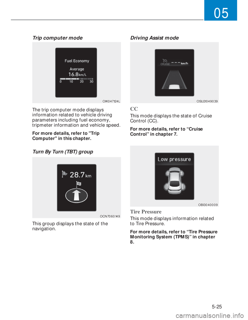 HYUNDAI I20 2020  Owners Manual 5-25
05
Trip computer mode
OIK047124LOIK047124L
The trip computer mode displays 
information related to vehicle driving 
parameters including fuel economy, 
tripmeter information and vehicle speed.
Fo