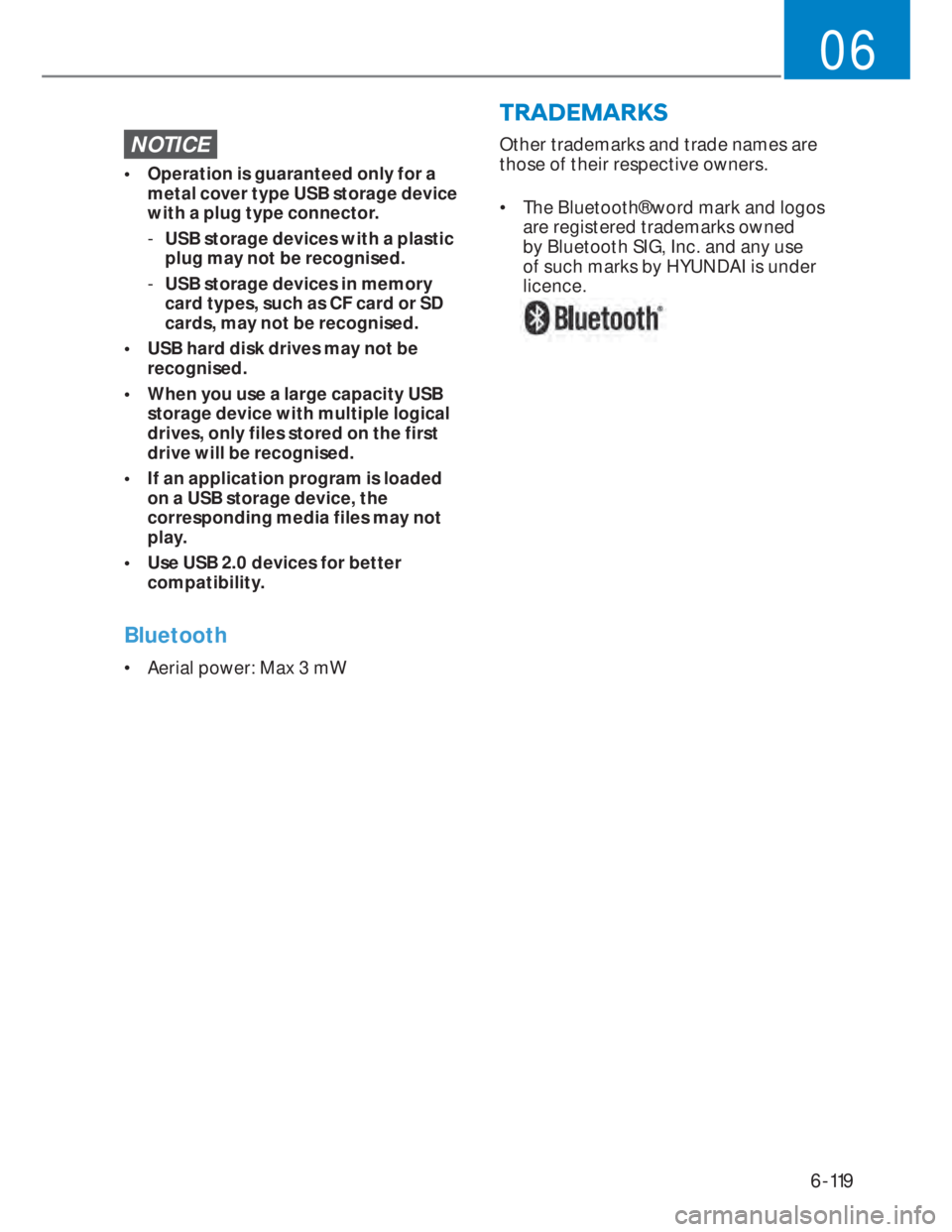 HYUNDAI I20 2020  Owners Manual 6-119
06
NOTICE
•  Operation is guaranteed only for a 
metal cover type USB storage device 
with a plug type connector.
  -USB storage devices with a plastic 
plug may not be recognised.
  -USB stor