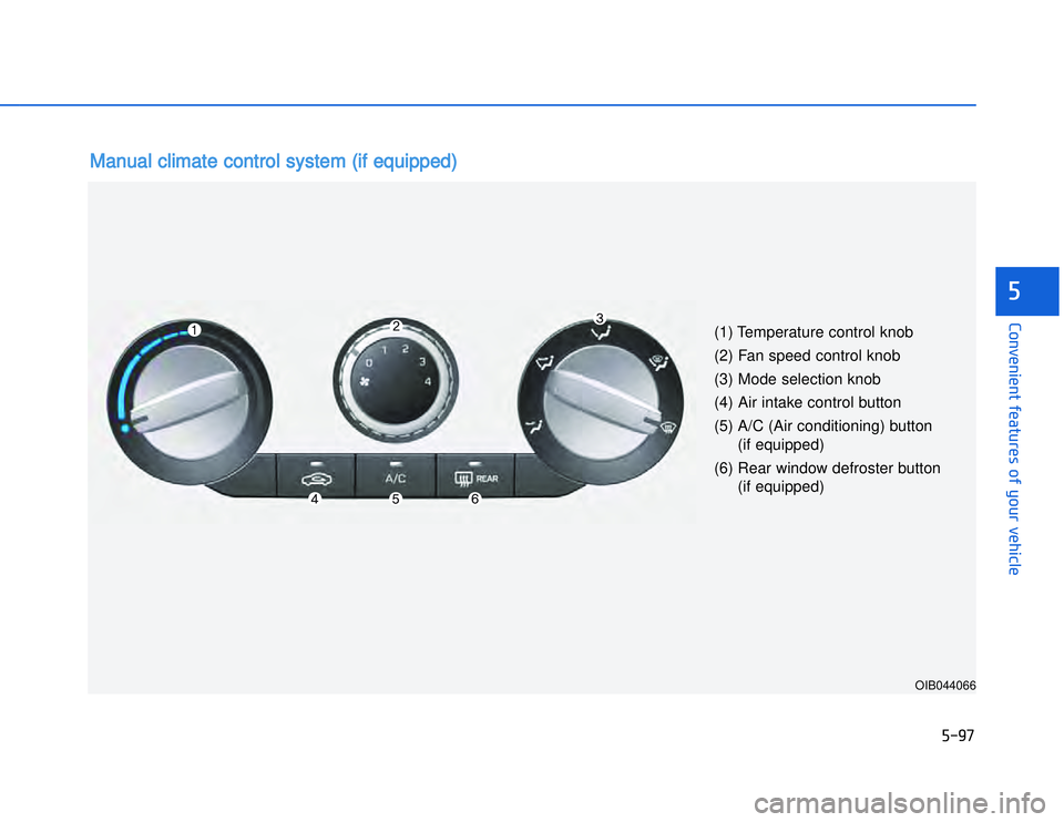 HYUNDAI I20 2014  Owners Manual �)���
�#�1�0�*�3�0�-�3�0�.�2�+�3�%�.�,�/�3�(�2�1�+�2�"�1�,�/�2�*�3�!�-�$�&�3�
(1) Temperature control knob
(2) Fan speed control knob
(3) Mode selection knob
(4) Air intake control button
(5) A/C 