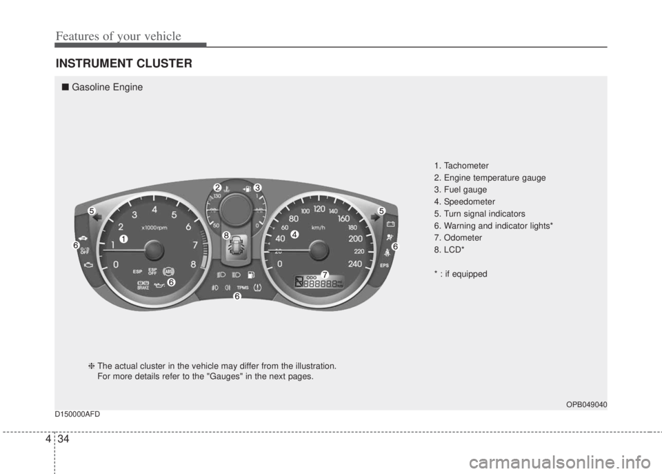 HYUNDAI I20 2012  Owners Manual Features of your vehicle
34 4
D150000AFD
INSTRUMENT CLUSTER
1. Tachometer 
2. Engine temperature gauge
3. Fuel gauge
4. Speedometer
5. Turn signal indicators
6. Warning and indicator lights*
7. Odomet