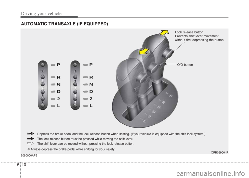 HYUNDAI I20 2012  Owners Manual Driving your vehicle
10 5
E060000APB
AUTOMATIC TRANSAXLE (IF EQUIPPED)
OPB059004R
Lock release button 
Prevents shift lever movement
without first depressing the button.
O/D button
The lock release bu