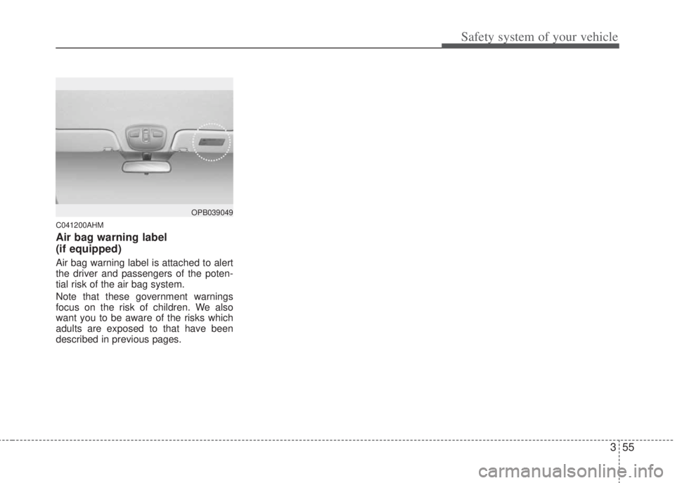 HYUNDAI I20 2011  Owners Manual 355
Safety system of your vehicle
C041200AHM
Air bag warning label 
(if equipped)
Air bag warning label is attached to alert
the driver and passengers of the poten-
tial risk of the air bag system.  
