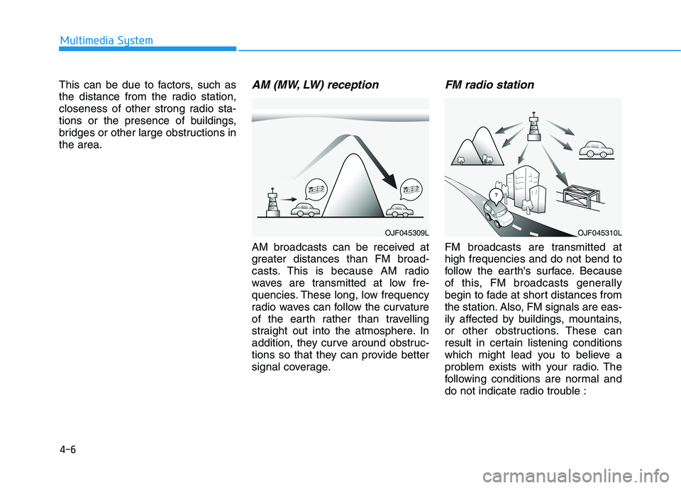 HYUNDAI I30 2023  Owners Manual 4-6
Multimedia System
This can be due to factors, such as
the distance from the radio station,
closeness of other strong radio sta-
tions or the presence of buildings,
bridges or other large obstructi