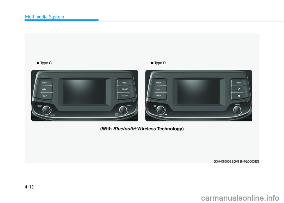 HYUNDAI I30 2023  Owners Manual 4-12
Multimedia System
G3H4G0002EG/G3H4G0003EG
(With Bluetooth®Wireless Technology)
■Type C■Type D 
