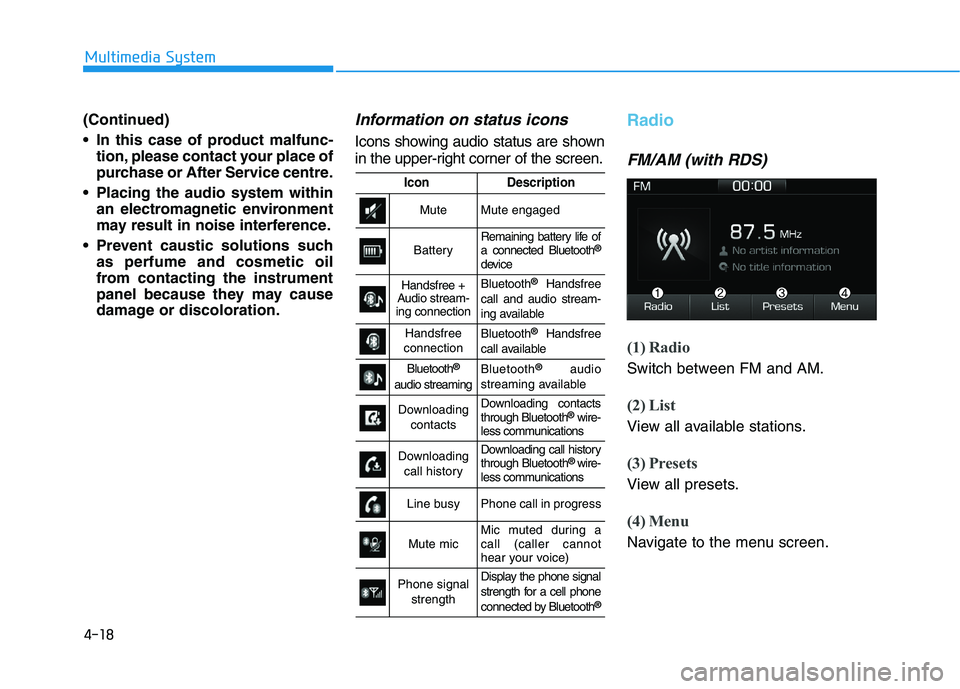 HYUNDAI I30 2023  Owners Manual 4-18
Multimedia System
(Continued)
 In this case of product malfunc-
tion, please contact your place of
purchase or After Service centre.
 Placing the audio system within
an electromagnetic environmen