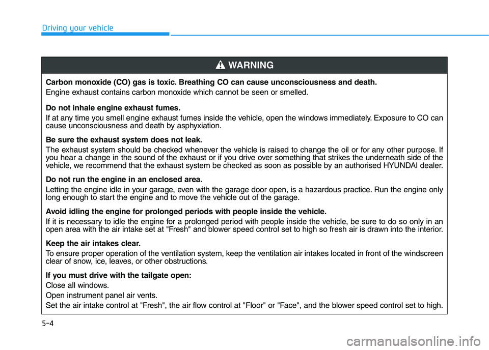HYUNDAI I30 2023  Owners Manual 5-4
Driving your vehicle
Carbon monoxide (CO) gas is toxic. Breathing CO can cause unconsciousness and death.
Engine exhaust contains carbon monoxide which cannot be seen or smelled.
Do not inhale eng
