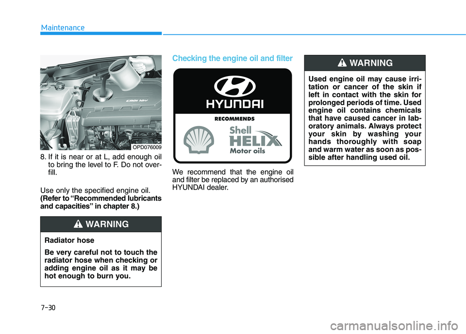 HYUNDAI I30 2023  Owners Manual 7-30
Maintenance
8. If it is near or at L, add enough oil
to bring the level to F. Do not over-
fill.
Use only the specified engine oil.
(Refer to “Recommended lubricants
and capacities” in chapte