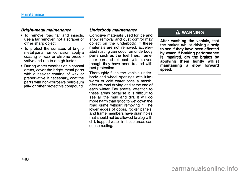 HYUNDAI I30 2023  Owners Manual 7-80
Maintenance
Bright-metal maintenance
 To remove road tar and insects,
use a tar remover, not a scraper or
other sharp object.
 To protect the surfaces of bright-
metal parts from corrosion, apply