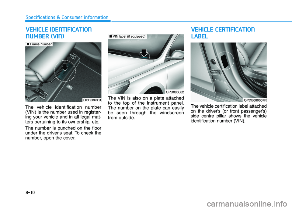 HYUNDAI I30 2023  Owners Manual 8-10
Specifications & Consumer information
V VE
EH
HI
IC
CL
LE
E 
 C
CE
ER
RT
TI
IF
FI
IC
CA
AT
TI
IO
ON
N
L LA
AB
BE
EL
L
The vehicle identification number
(VIN) is the number used in register-
ing y