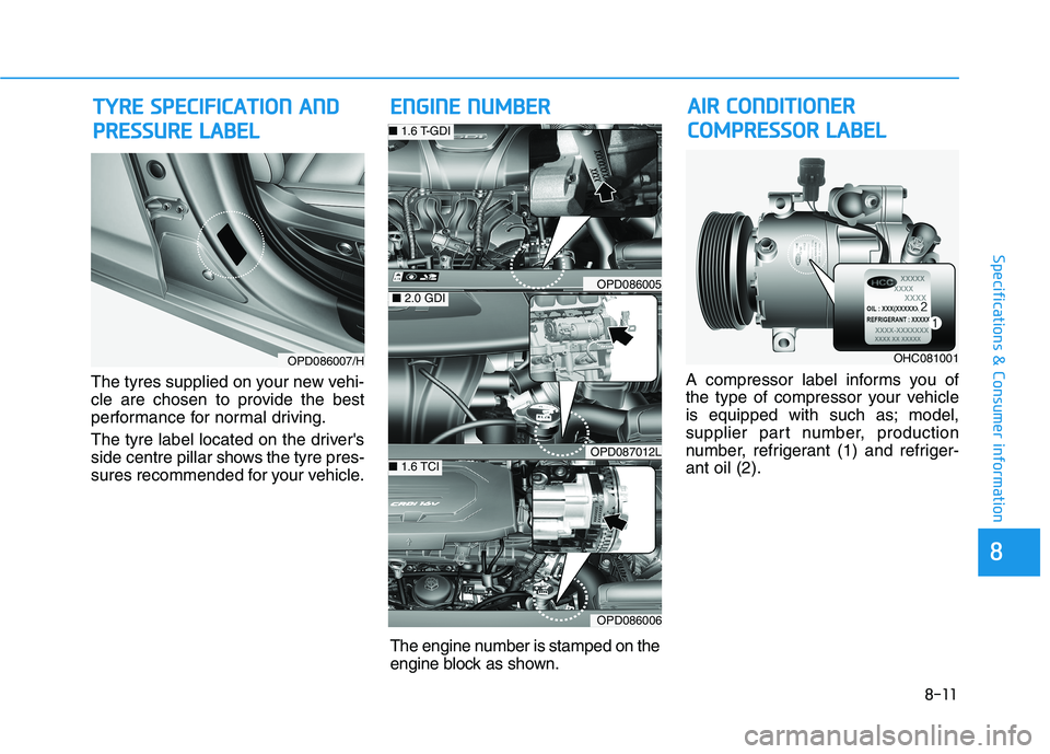 HYUNDAI I30 2023  Owners Manual 8-11
8
Specifications & Consumer information
The tyres supplied on your new vehi-
cle are chosen to provide the best
performance for normal driving.
The tyre label located on the drivers
side centre 