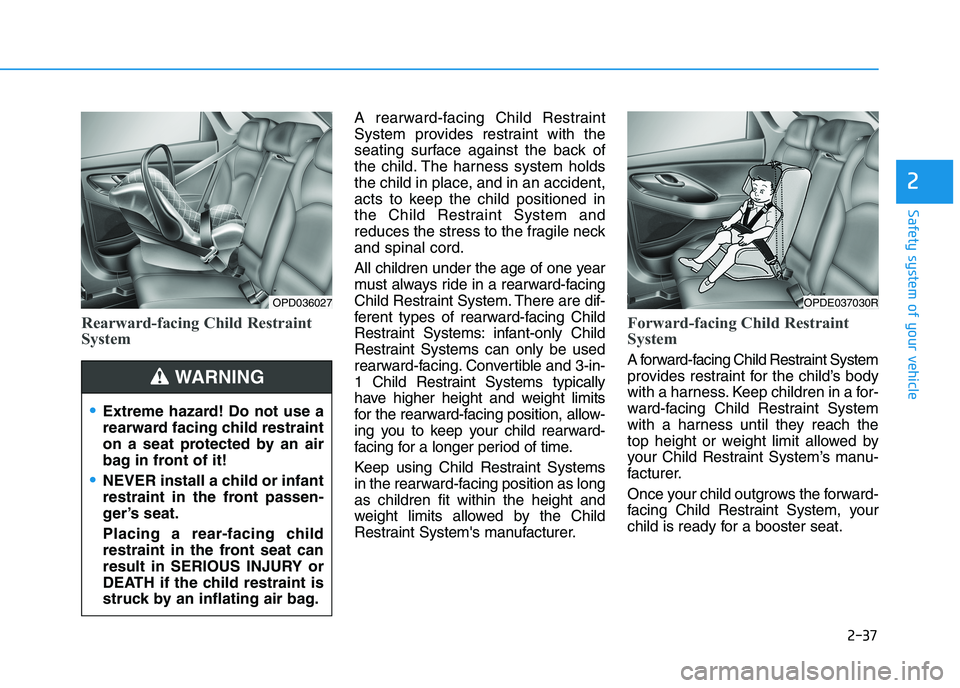 HYUNDAI I30 2023  Owners Manual 2-37
Safety system of your vehicle
2
Rearward-facing Child Restraint
System
A rearward-facing Child Restraint
System provides restraint with the
seating surface against the back of
the child. The harn