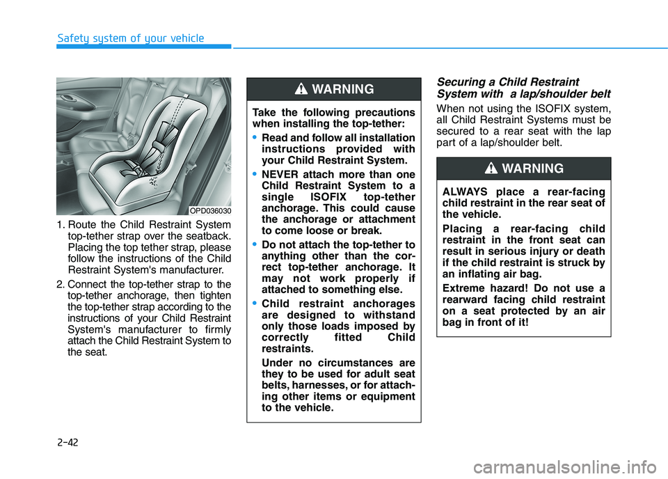 HYUNDAI I30 2023  Owners Manual 2-42
Safety system of your vehicle
1. Route the Child Restraint System
top-tether strap over the seatback.
Placing the top tether strap, please
follow the instructions of the Child
Restraint Systems 